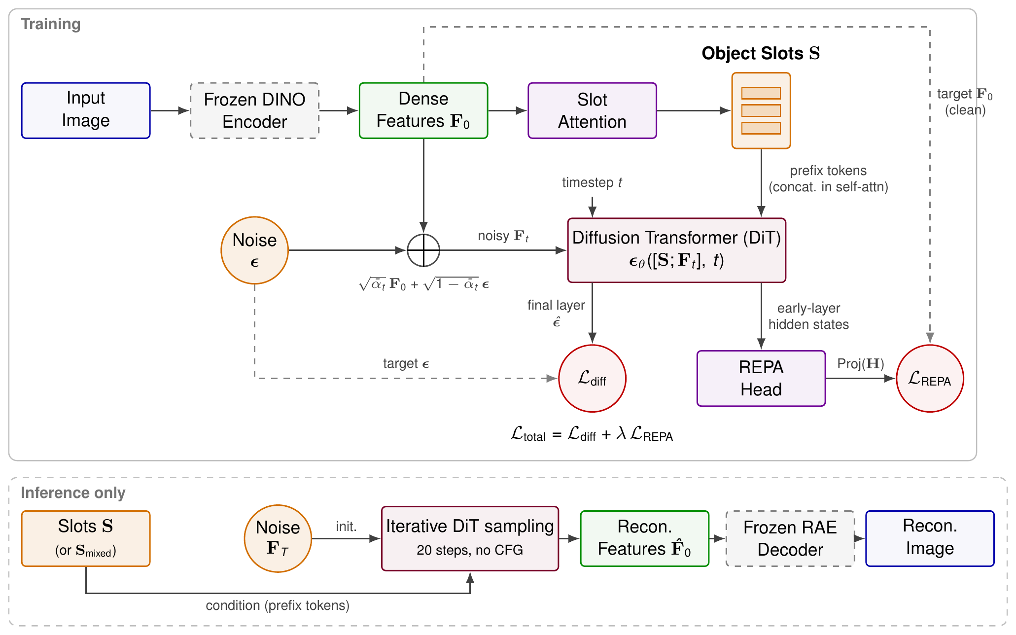 Slot-RAE training and inference pipeline: frozen DINO encoder, slot attention, slot-conditioned DiT with REPA head, frozen RAE decoder